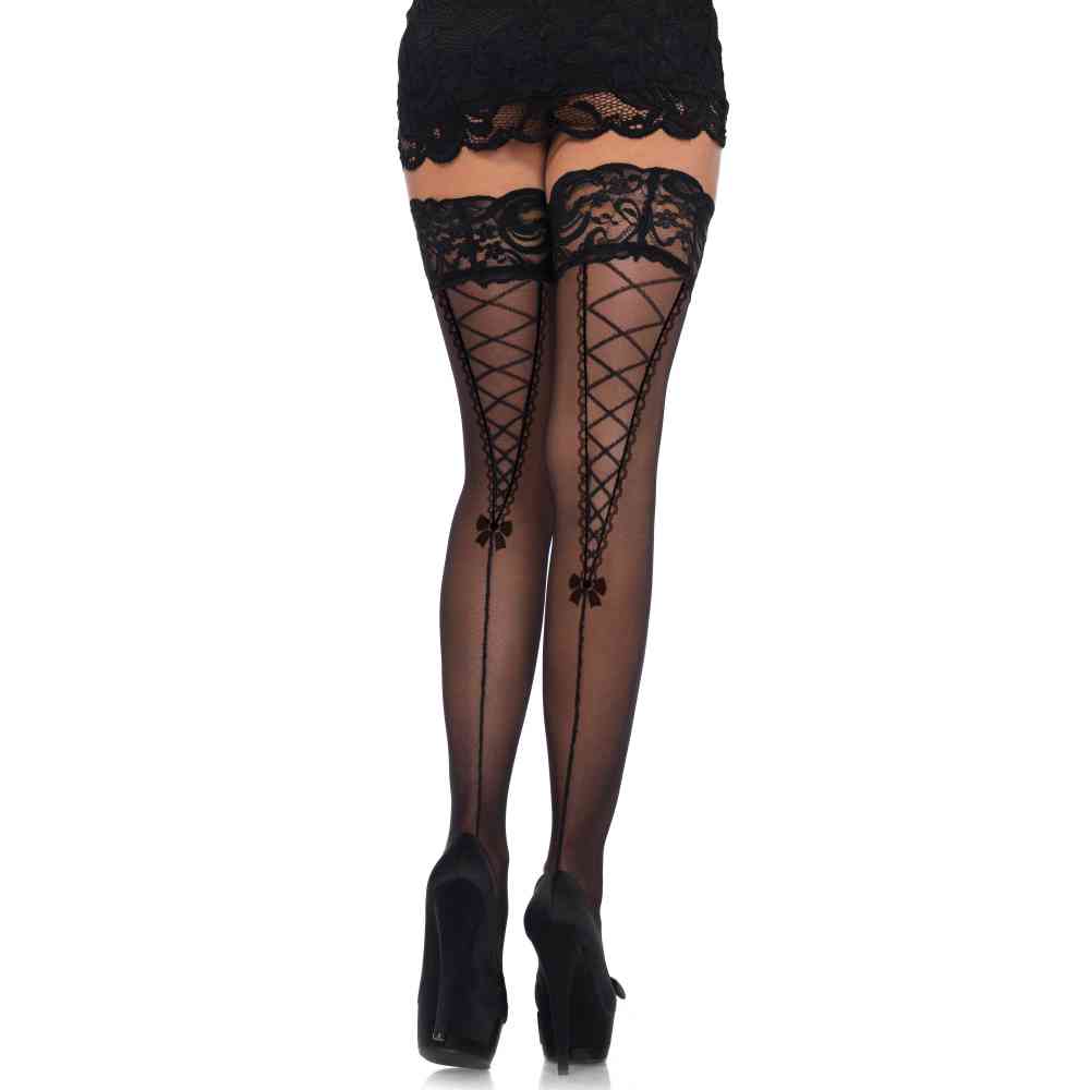 Leg Avenue - Faux Lace Up Thigh high stockings - Black